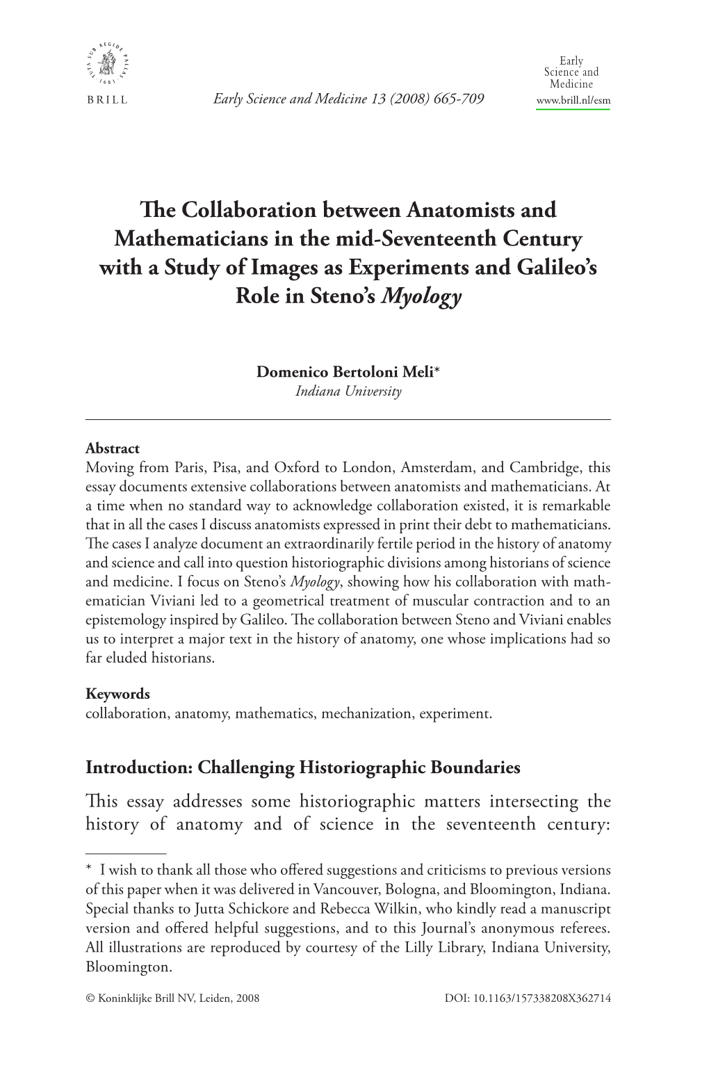 The Collaboration Between Anatomists and Mathematicians in the Mid-Seventeenth Century with a Study of Images As Experiments and Galileo’S Role in Steno’S Myology