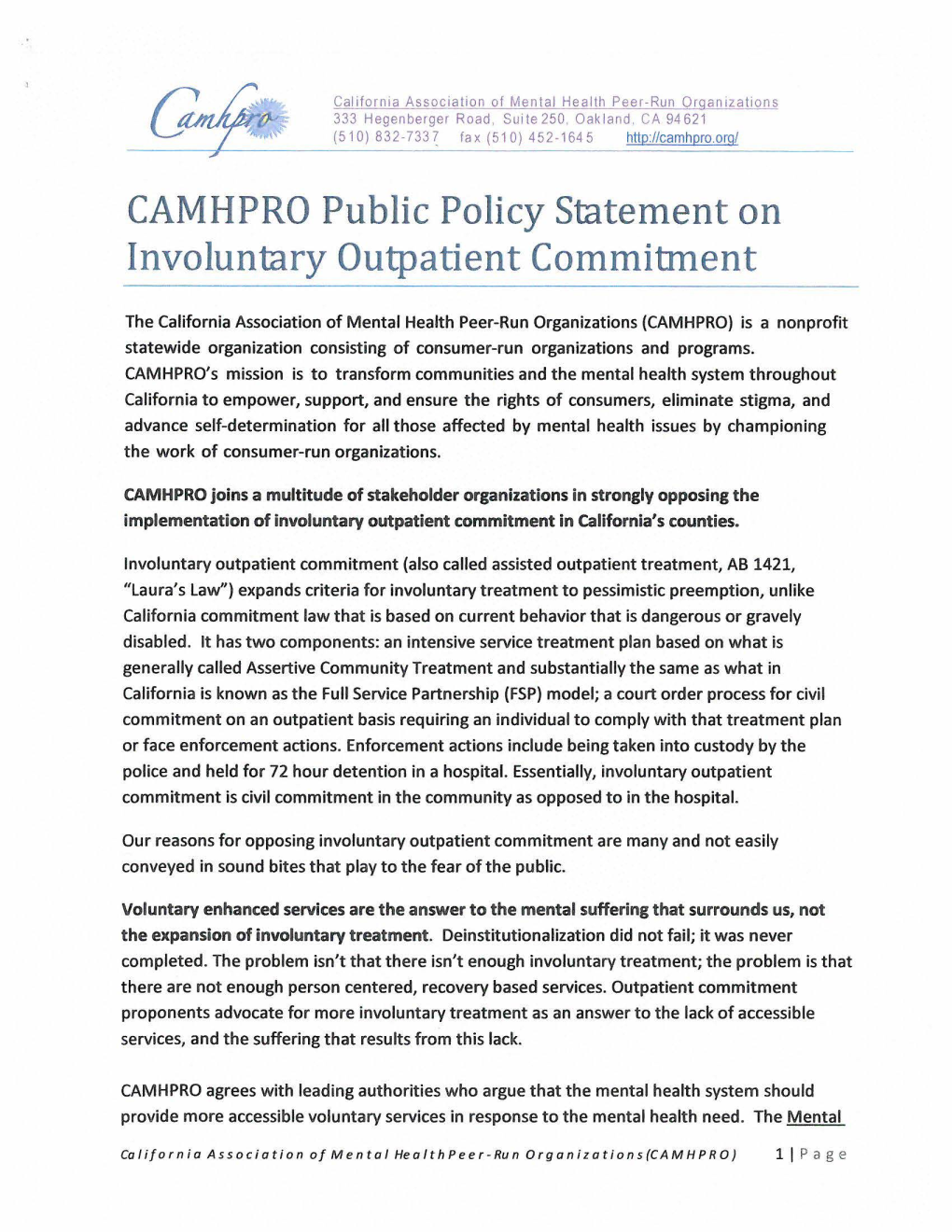 CAMHPRO Public Policy Statement on Involuntary Outpatient Commitment