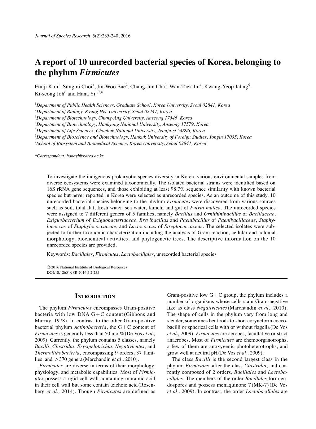 A Report of 10 Unrecorded Bacterial Species of Korea, Belonging to the Phylum Firmicutes