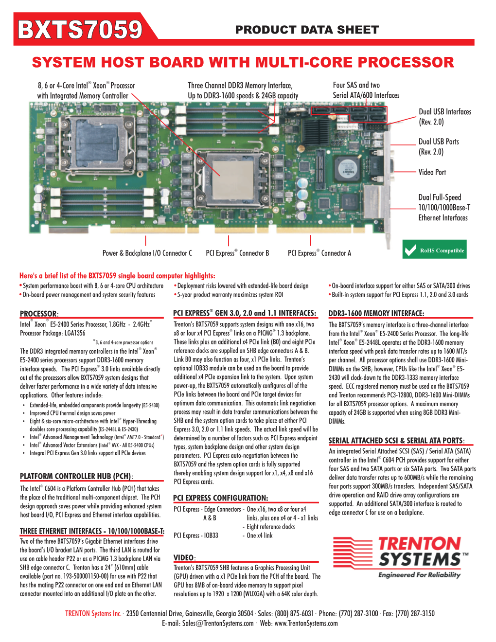 Bxts7059 Product Data Sheet System Host Board with Multi-Core Processor