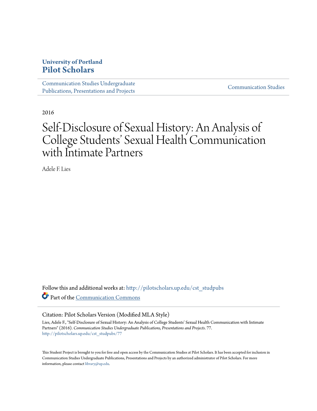 Self-Disclosure of Sexual History: an Analysis of College Students’ Sexual Health Communication with Intimate Partners Adele F