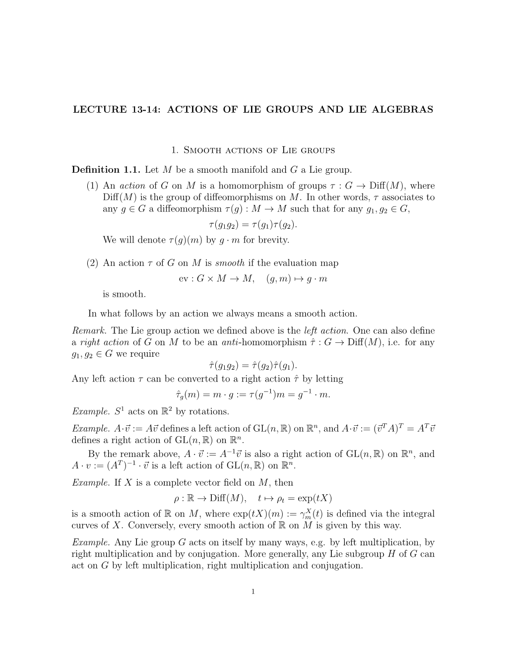 Lecture 13-14: Actions of Lie Groups and Lie Algebras 1