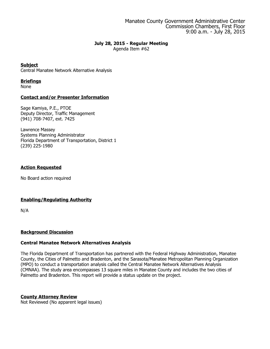 Central Manatee Network Alternative Analysis