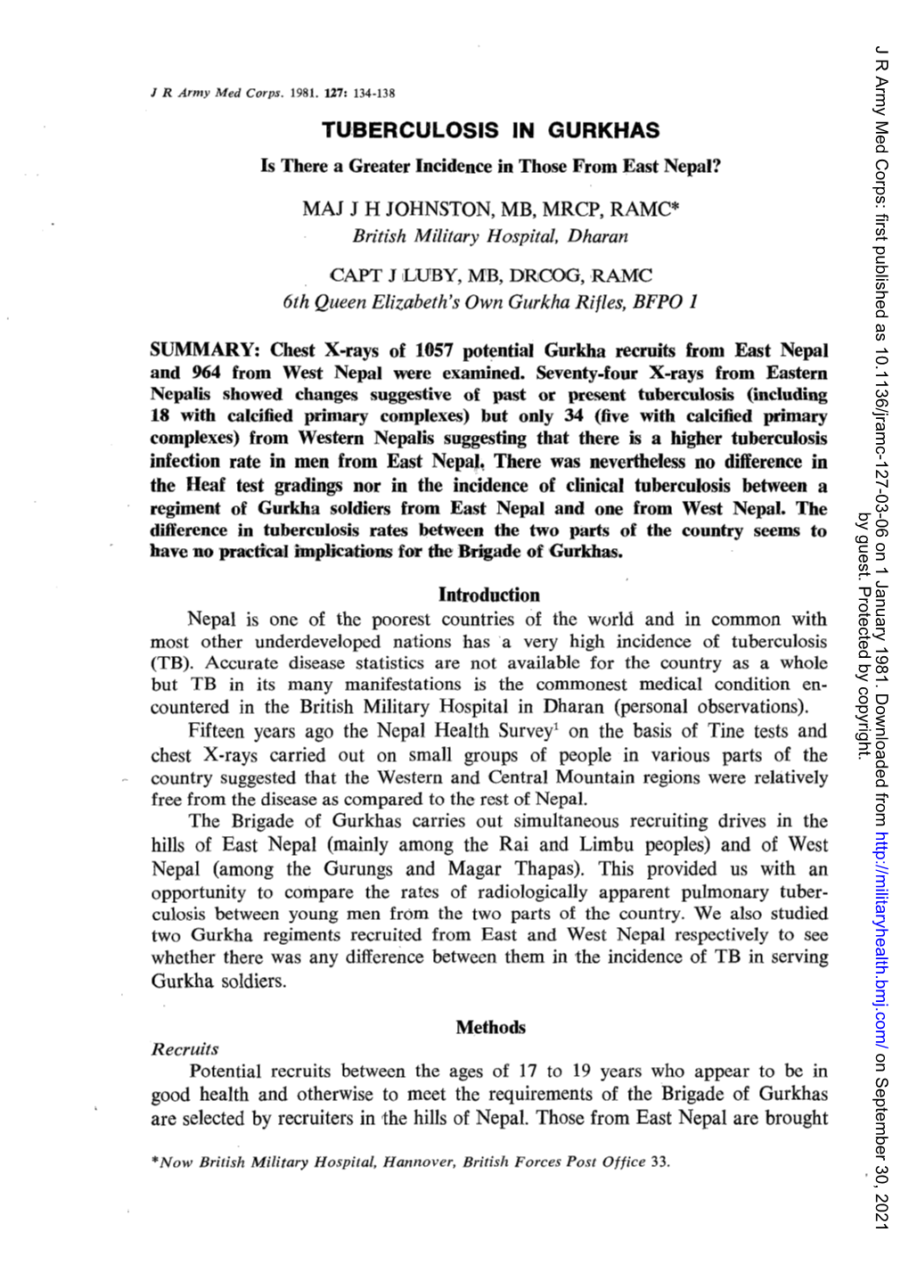 JH Johnston, J Luby. Tuberculosis in Gurkhas: Is There Greater