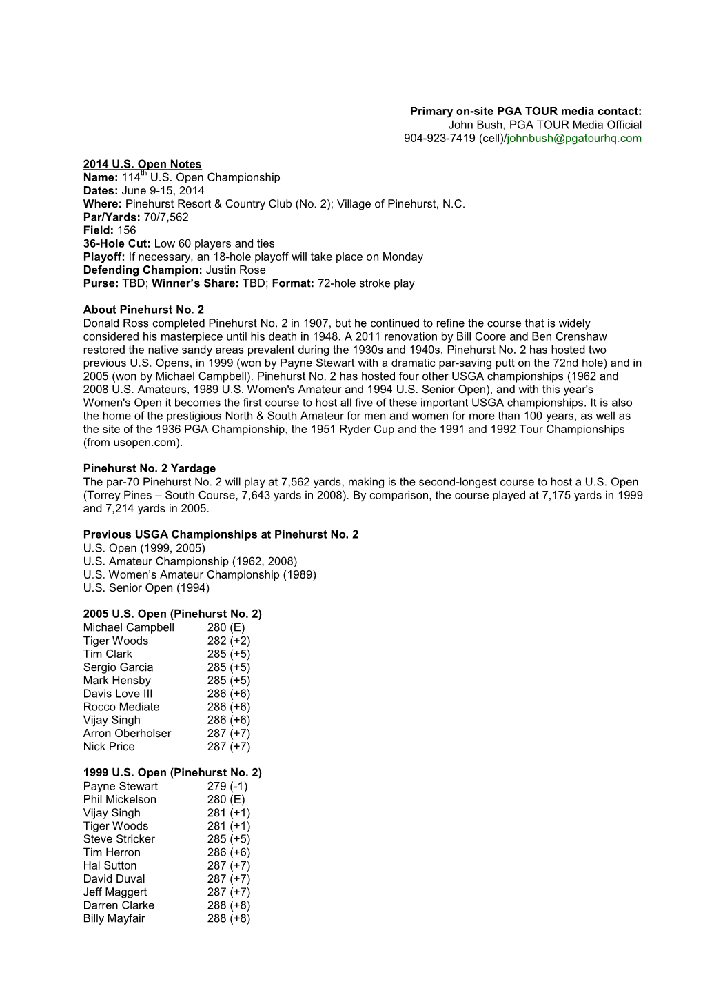 2014 U.S. Open Pre-Tournament Notes