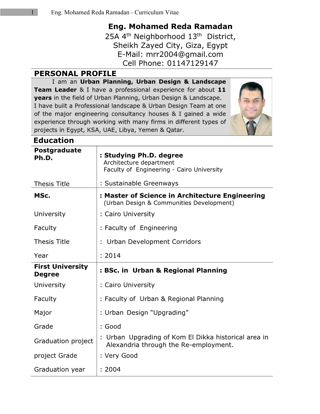 1 Eng. Mohamed Reda Ramadan - Curriculum Vitae