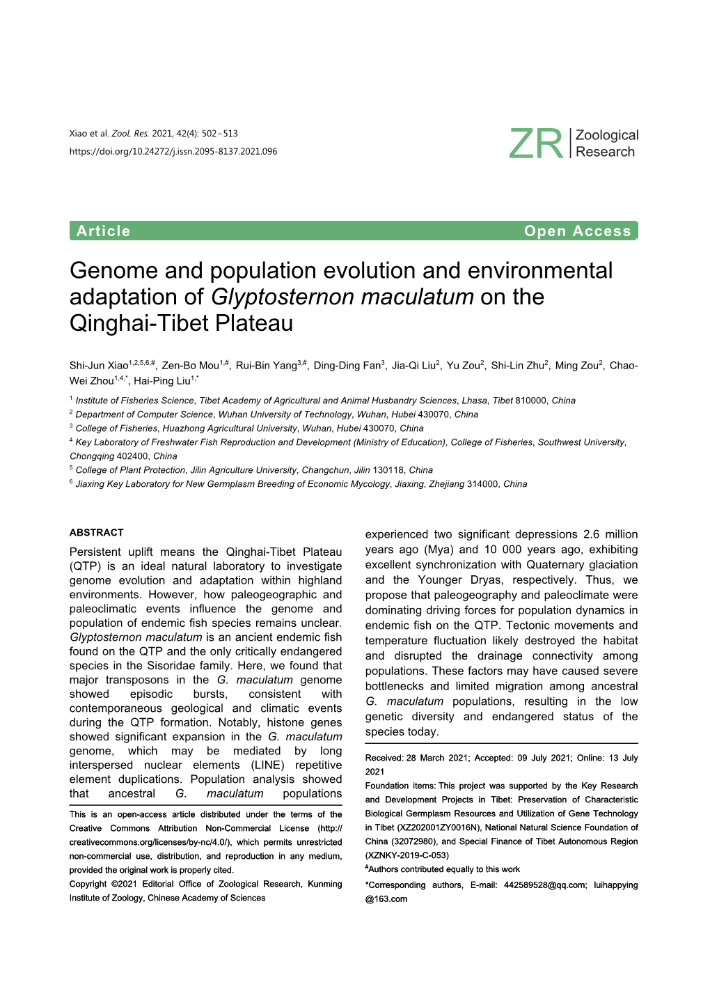 Genome and Population Evolution and Environmental Adaptation of Glyptosternon Maculatum on the Qinghai-Tibet Plateau