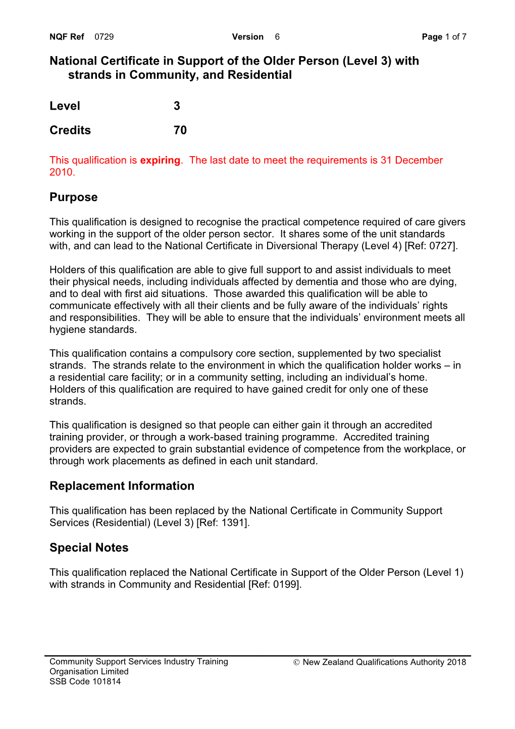 0729 National Certificate in Support of the Older Person (Level 3) with Strands in Community