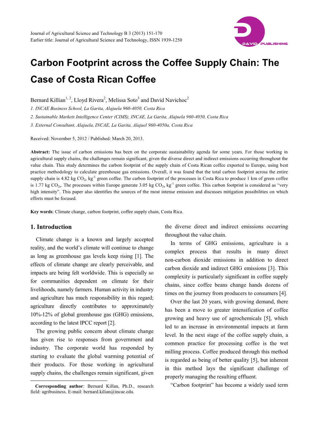 Carbon Footprint Across the Coffee Supply Chain: the Case of Costa Rican Coffee