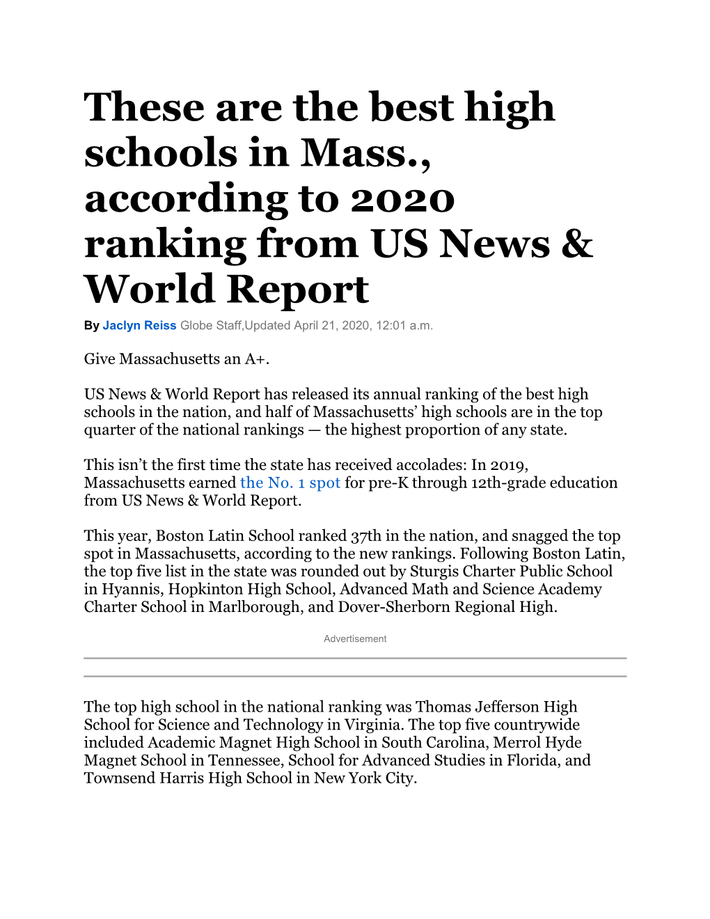 These Are the Best High Schools in Mass., According to 2020 Ranking from US News & World Report by Jaclyn Reiss Globe Staff,Updated April 21, 2020, 12:01 A.M