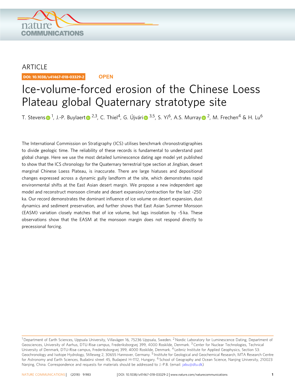 Ice-Volume-Forced Erosion of the Chinese Loess Plateau Global Quaternary Stratotype Site