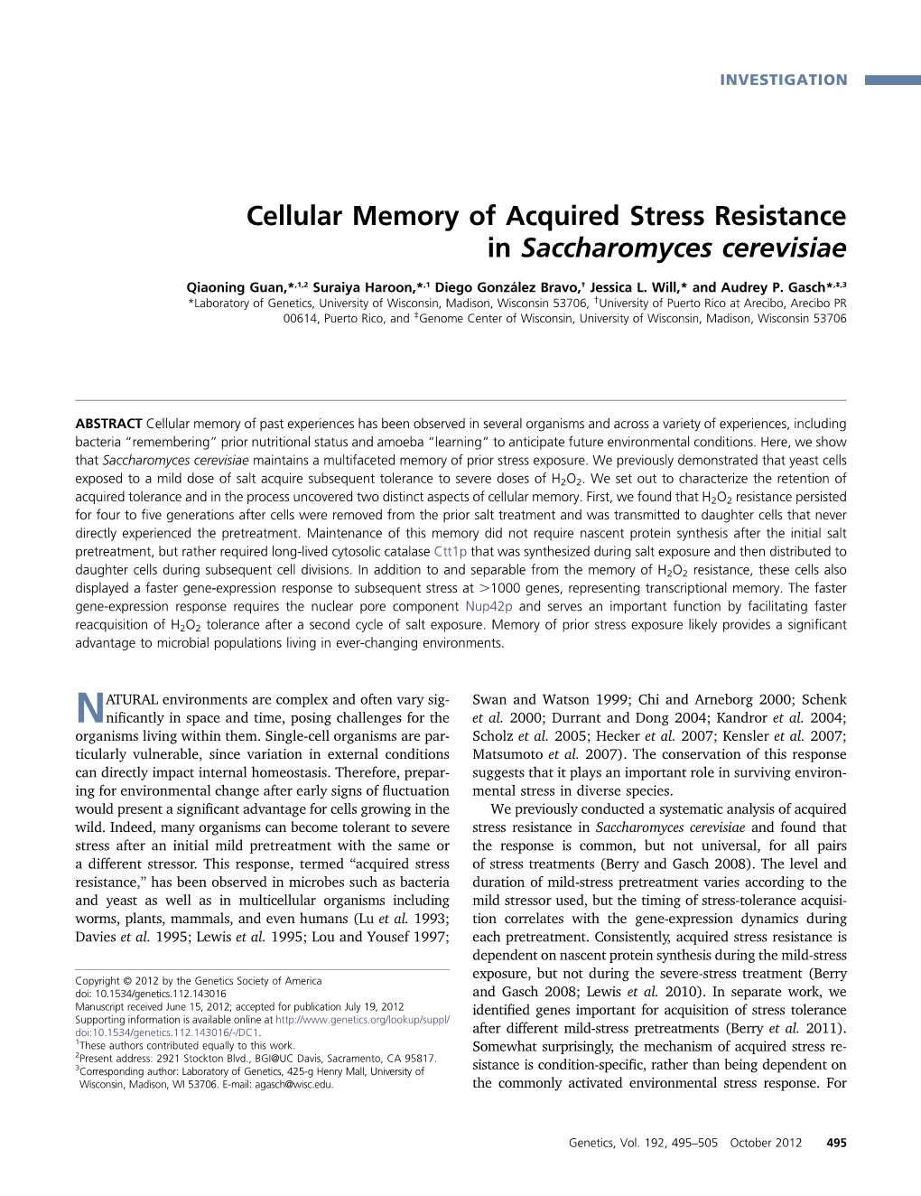 Cellular Memory of Acquired Stress Resistance in Saccharomyces Cerevisiae