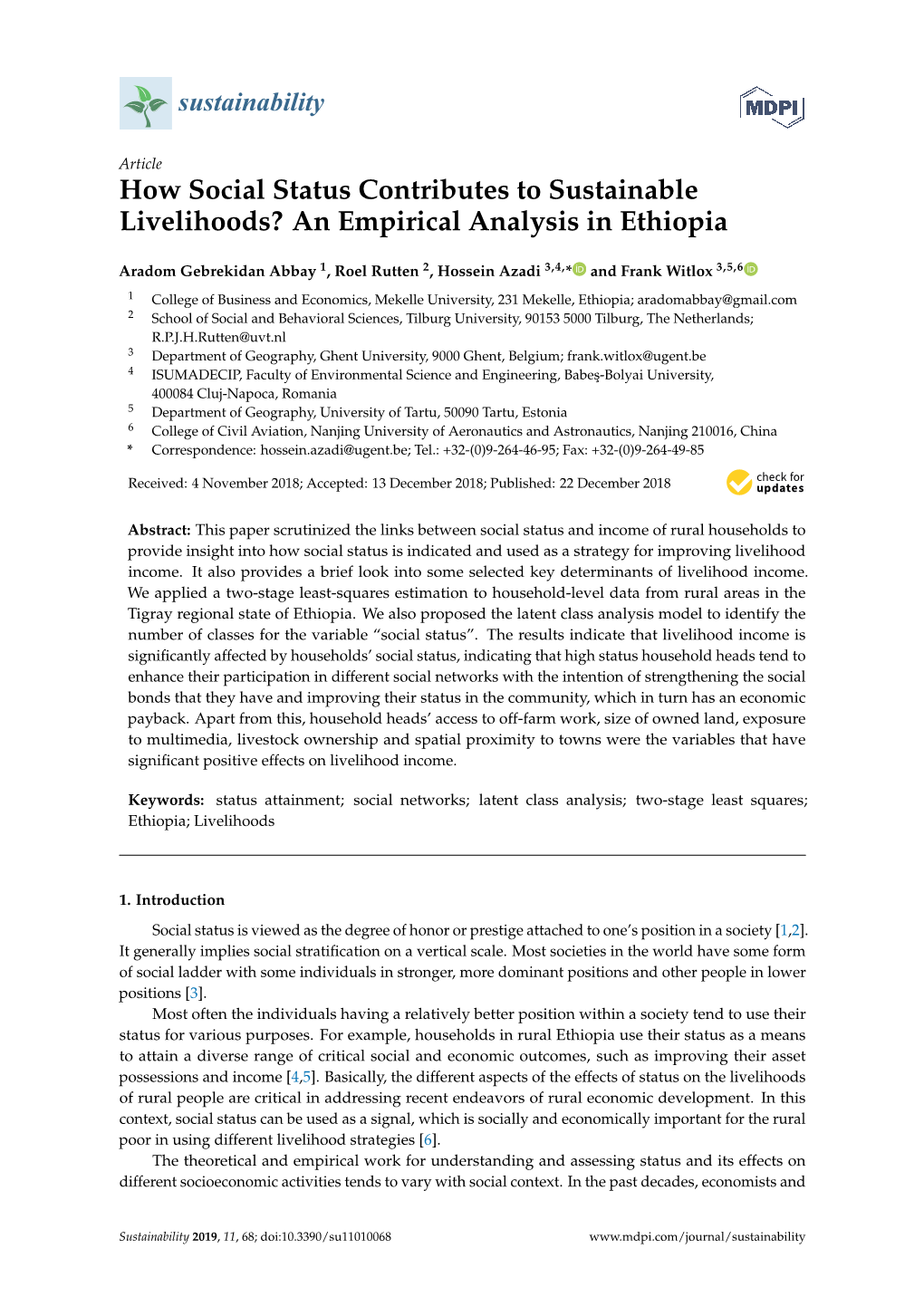 How Social Status Contributes to Sustainable Livelihoods? an Empirical Analysis in Ethiopia