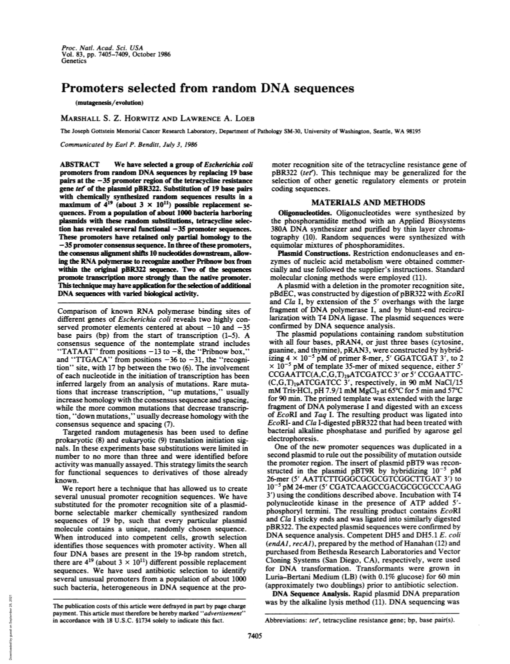 Promoters Selected from Random DNA Sequences (Mutagenesis/Evolution) MARSHALL S