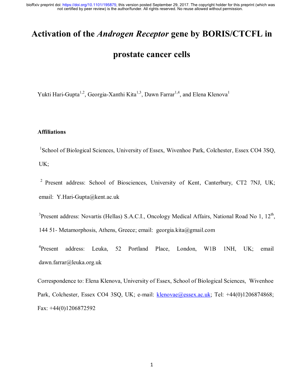 Activation of the Androgen Receptor Gene by BORIS/CTCFL in Prostate