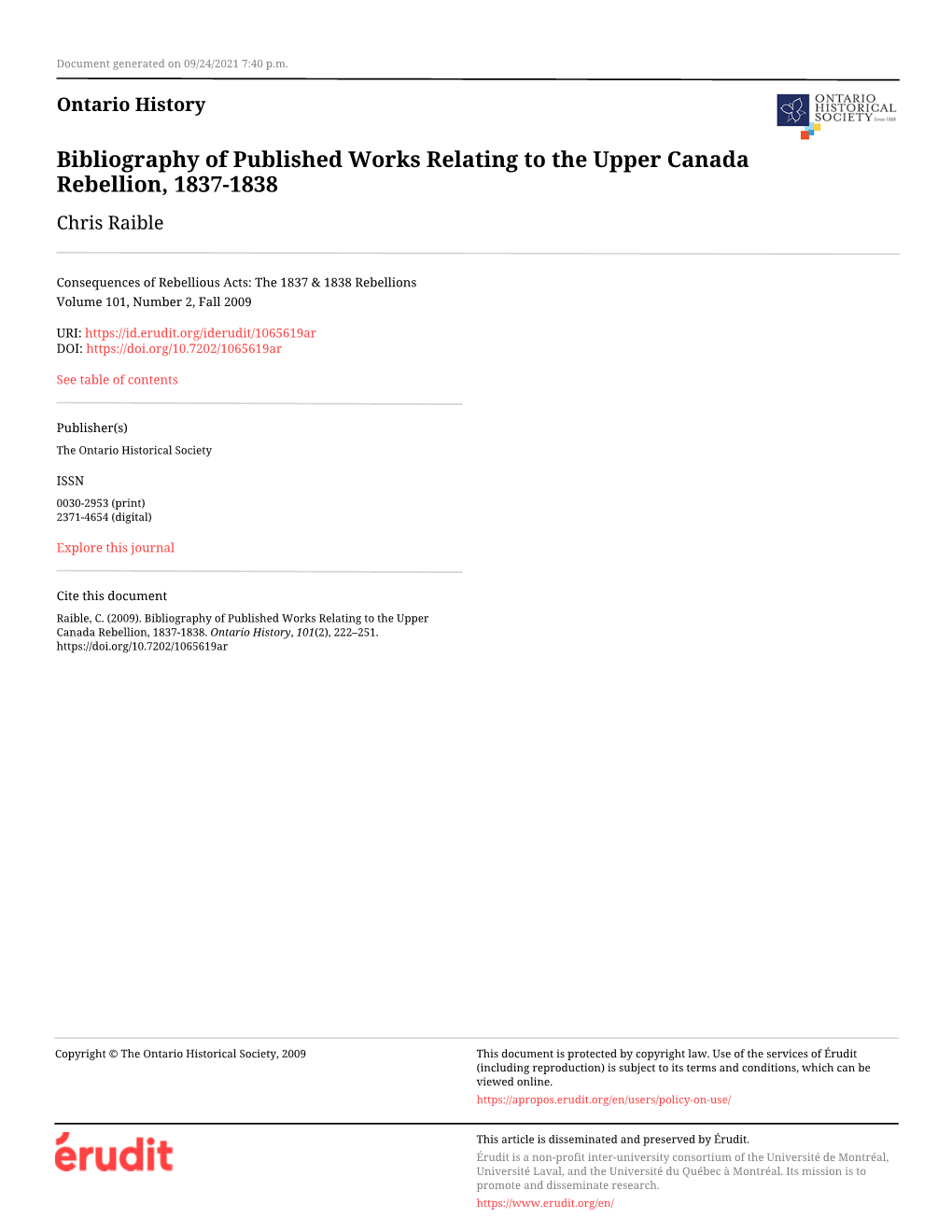 Bibliography of Published Works Relating to the Upper Canada Rebellion, 1837-1838 Chris Raible