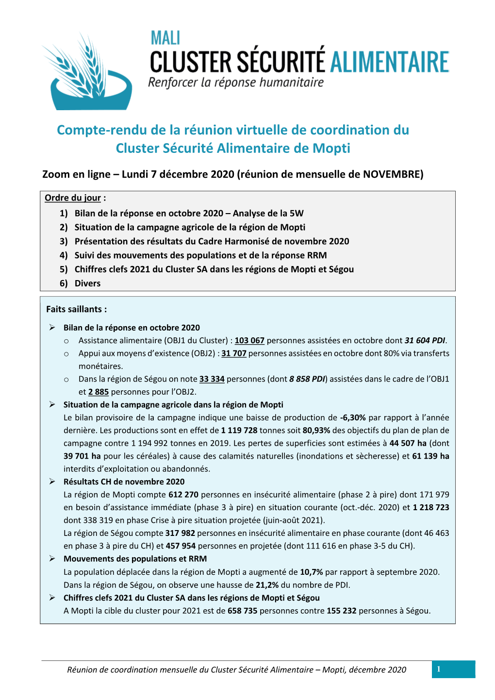 Compte-Rendu De La Réunion Virtuelle De Coordination Du Cluster Sécurité Alimentaire De Mopti