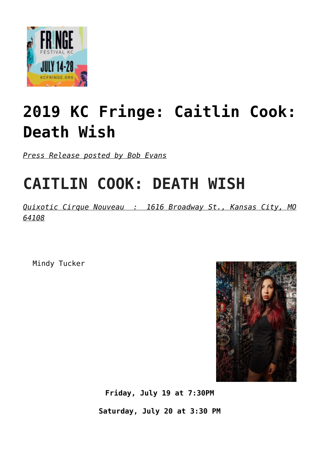 2019 KC Fringe: Caitlin Cook: Death Wish