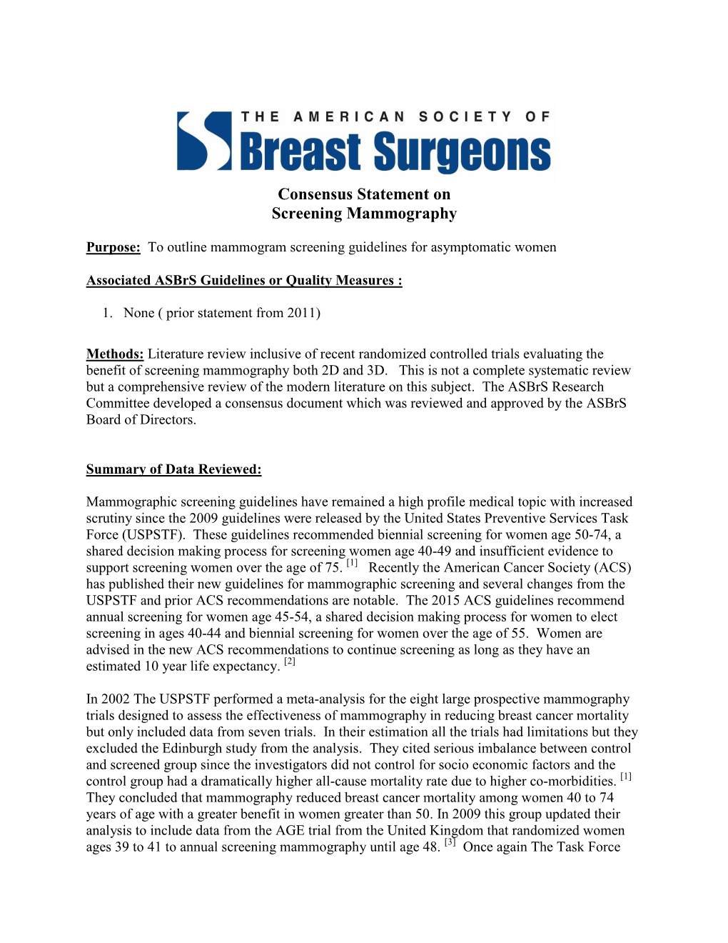 Consensus Statement on Screening Mammography