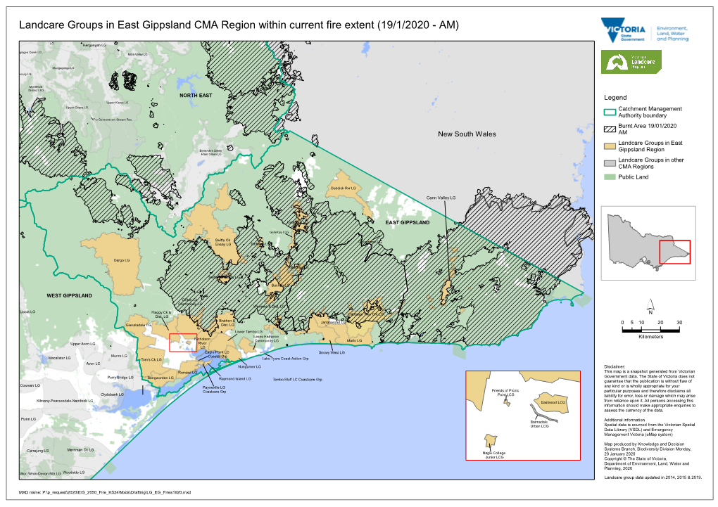 Landcare Groups in East Gippsland CMA Region Within Current Fire Extent (19/1/2020 - AM)