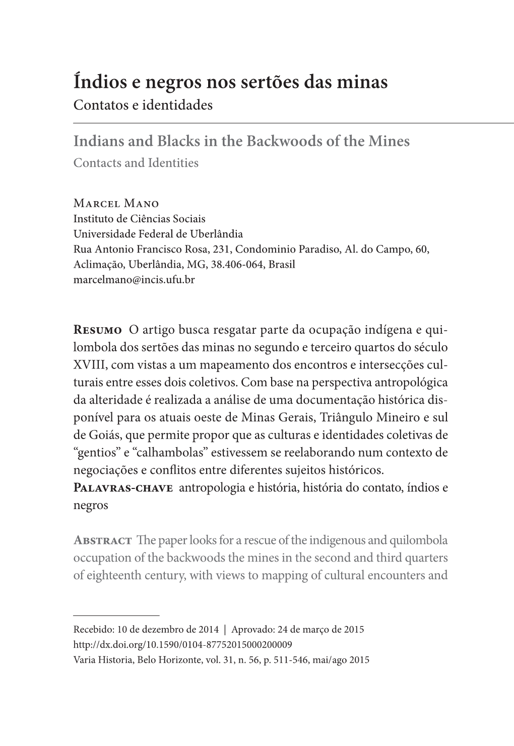 Índios E Negros Nos Sertões Das Minas Contatos E Identidades