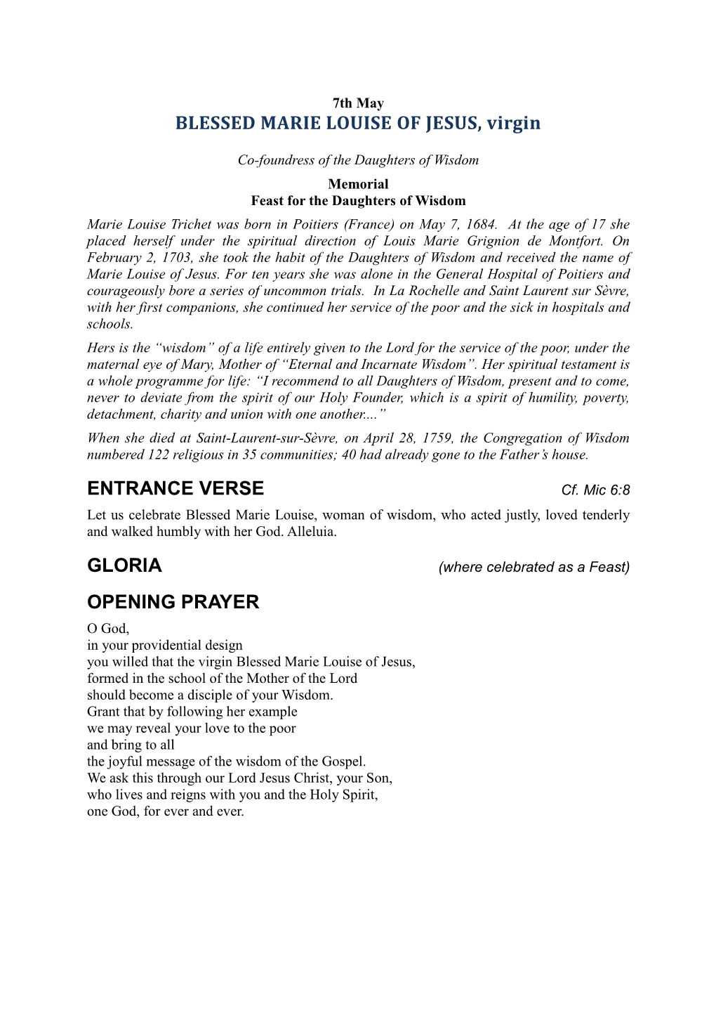 BLESSED MARIE LOUISE of JESUS, Virgin ENTRANCE VERSE GLORIA OPENING PRAYER