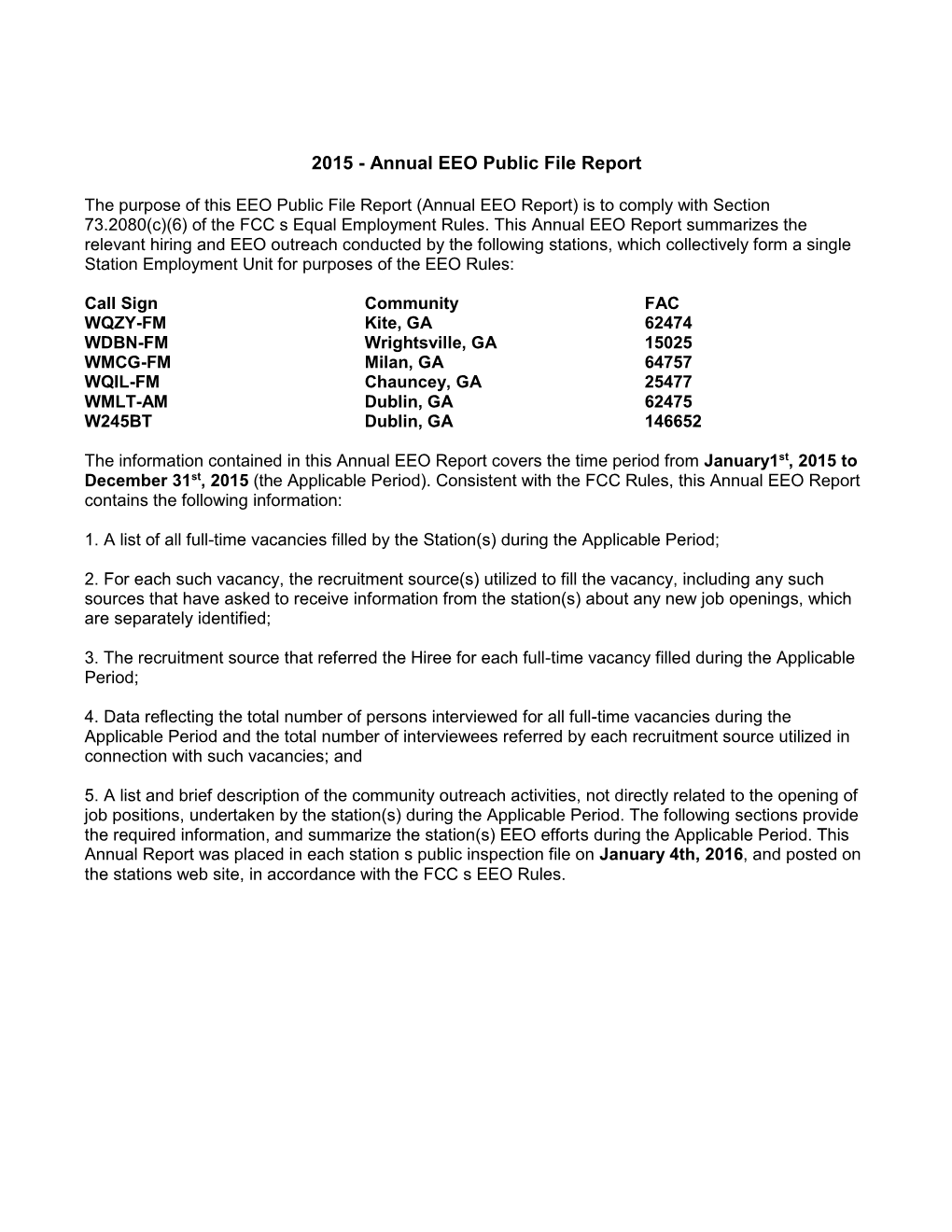 2015 - Annual EEO Public File Report