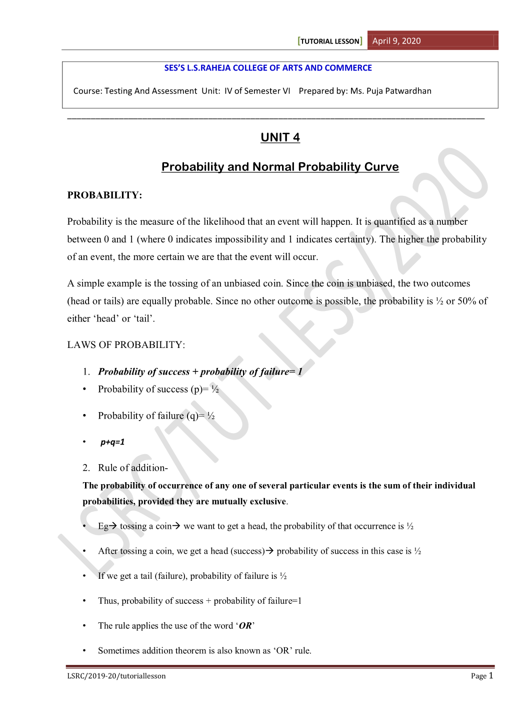 UNIT 4 Probability and Normal Probability Curve