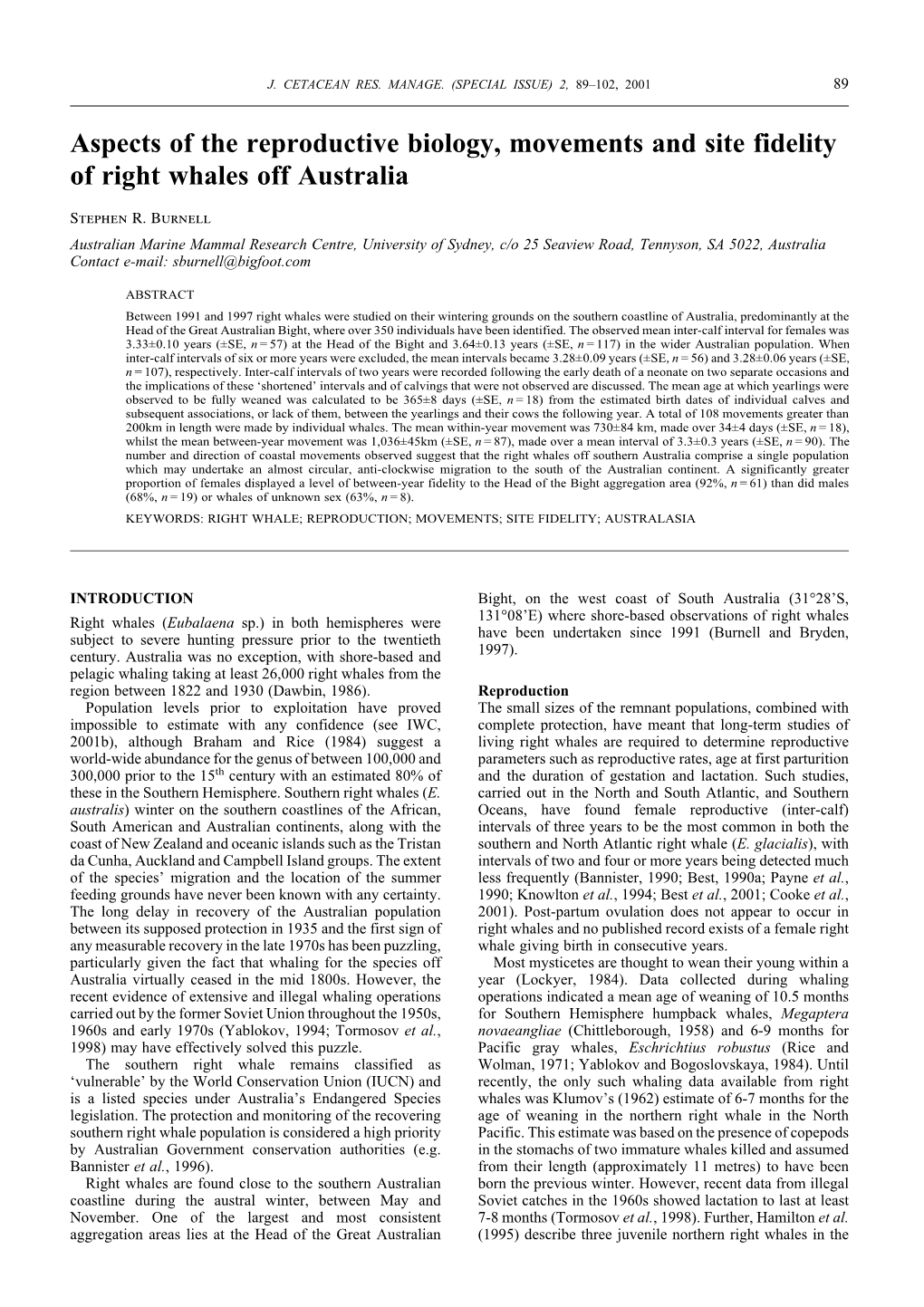 Aspects of the Reproductive Biology, Movements and Site Fidelity of Right Whales Off Australia