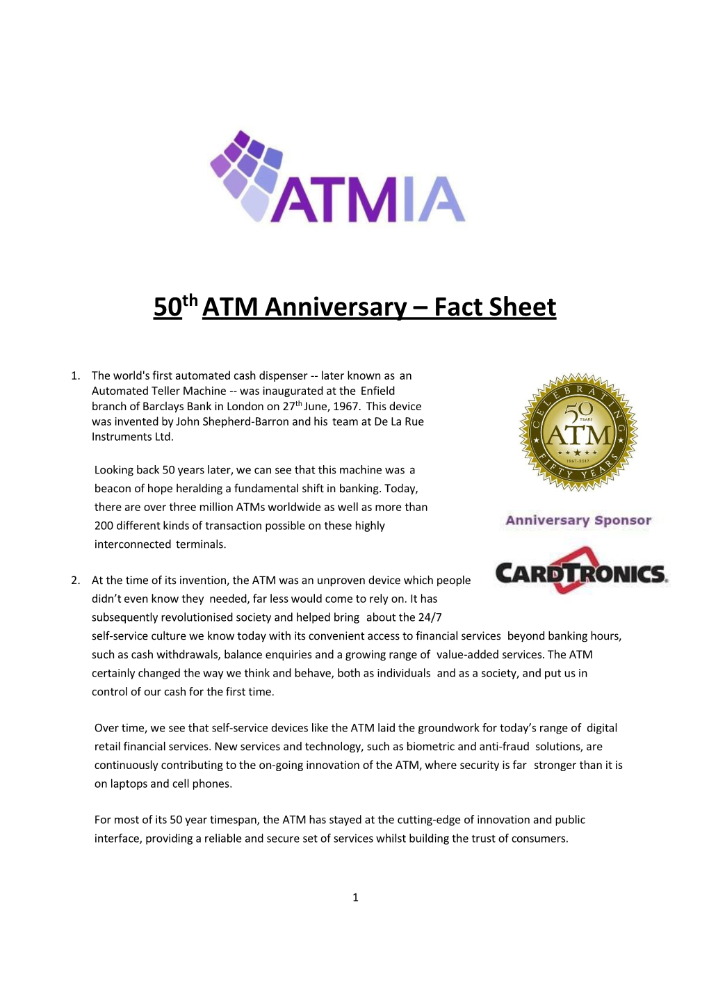 50Th ATM Anniversary – Fact Sheet