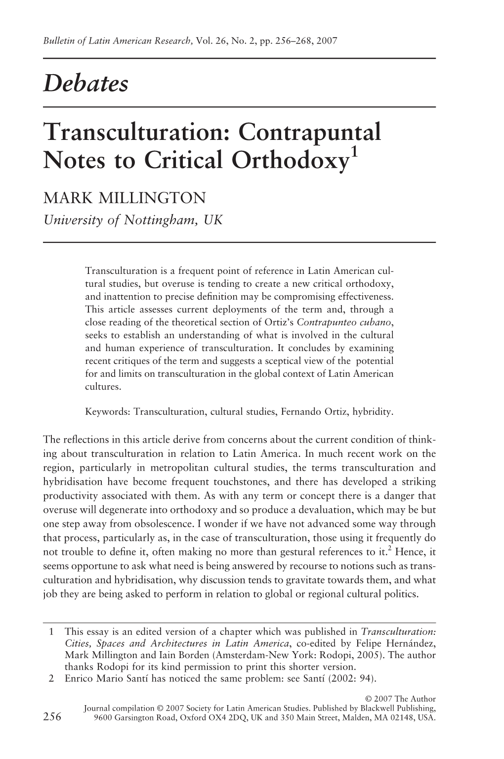 Debates Transculturation: Contrapuntal Notes to Critical Orthodoxy 1