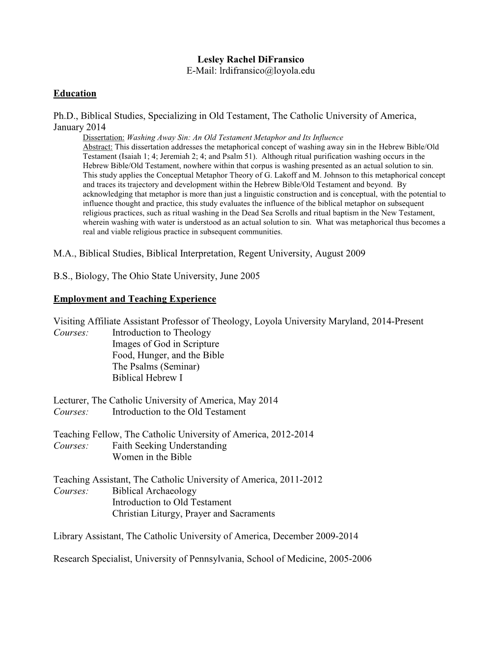 Lesley Rachel Difransico E-Mail: Lrdifransico@Loyola.Edu