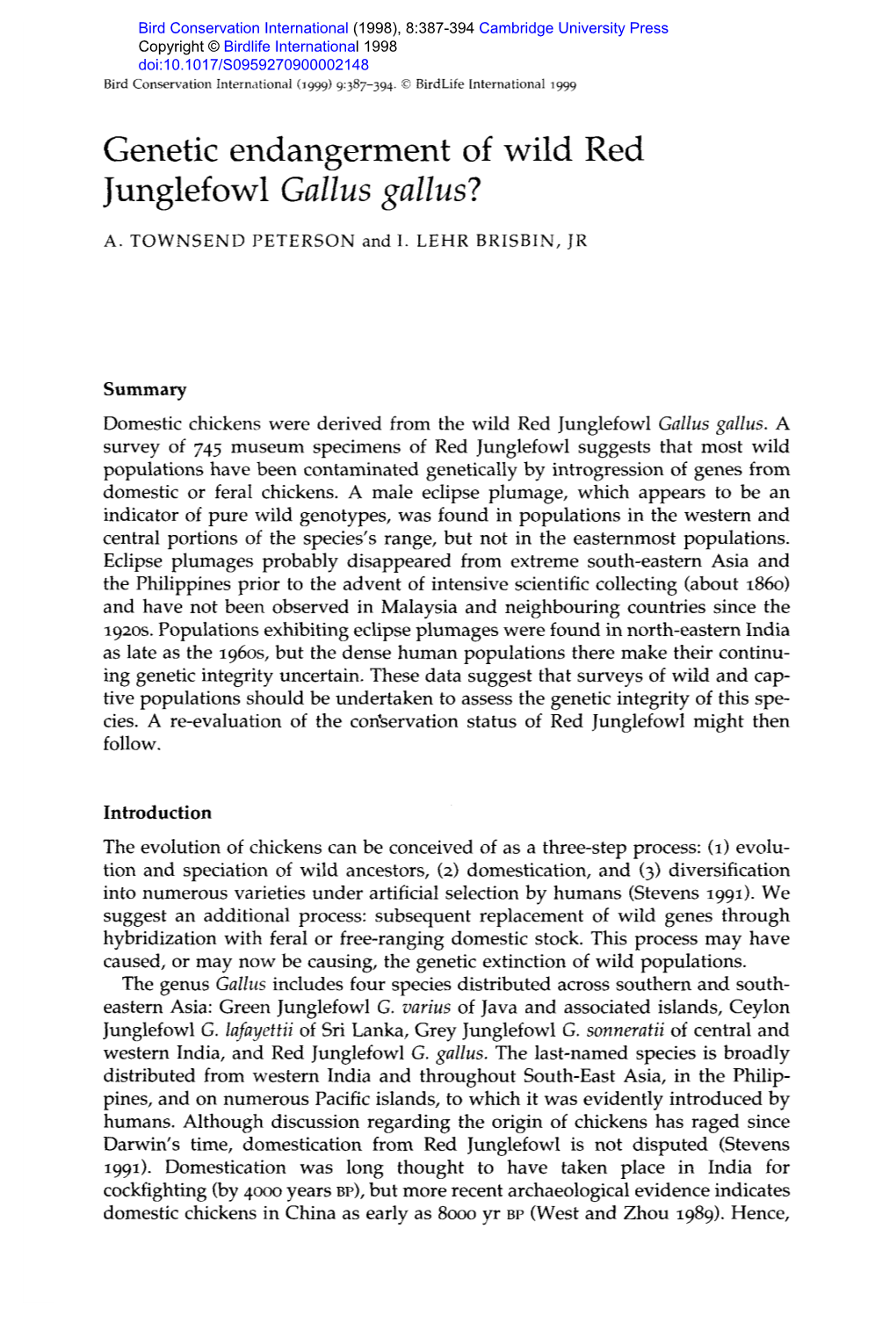 Genetic Endangerment of Wild Red Junglefowl Gallus Gallus? 38 9