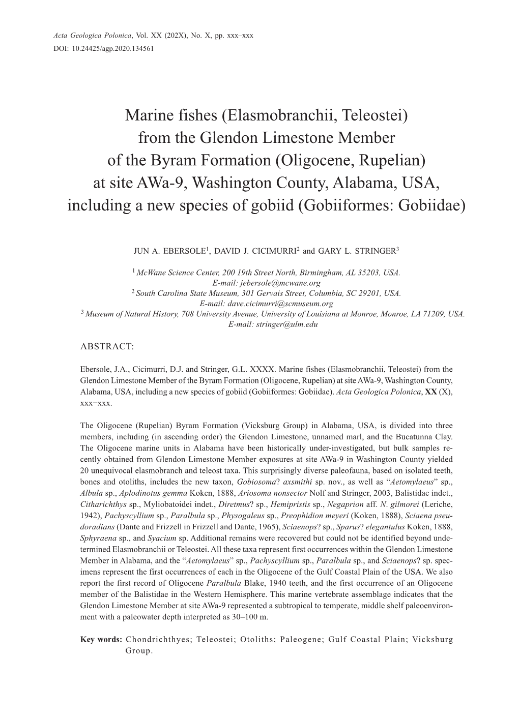 Oligocene, Rupelian) at Site Awa-9, Washington County, Alabama, USA, Including a New Species of Gobiid (Gobiiformes: Gobiidae)