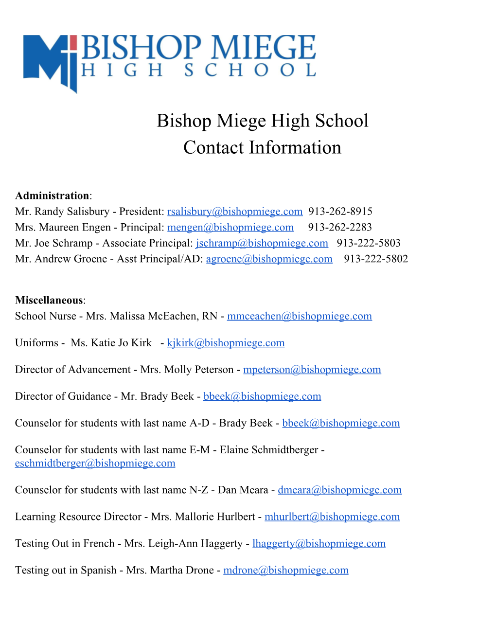 Bishop Miege High School Contact Information