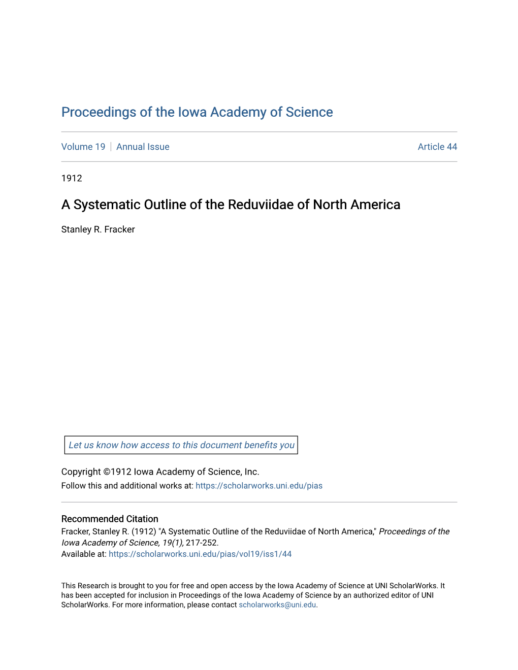 A Systematic Outline of the Reduviidae of North America