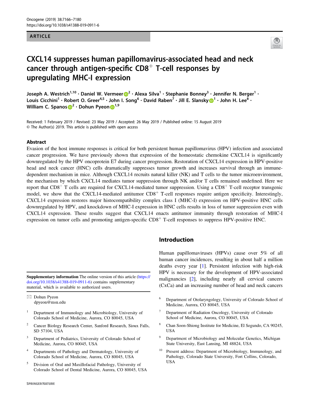 CXCL14 Suppresses Human Papillomavirus-Associated Head and Neck Cancer Through Antigen-Speciﬁc CD8+ T-Cell Responses by Upregulating MHC-I Expression