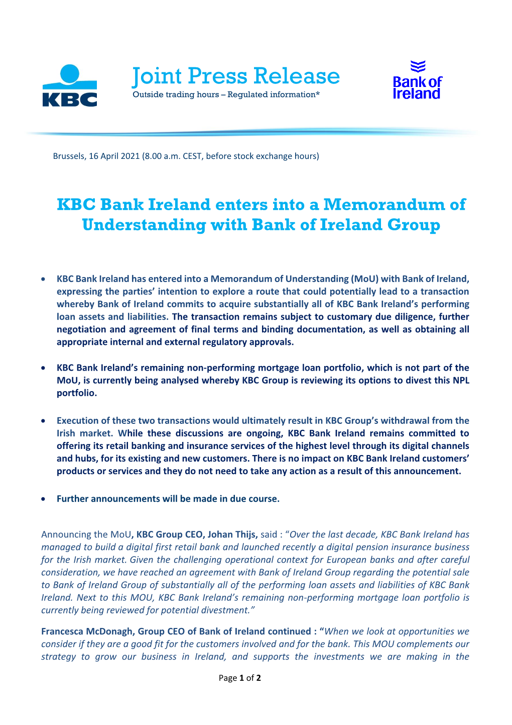 KBC Bank Ireland Enters Into a Memorandum of Understanding with Bank of Ireland Group
