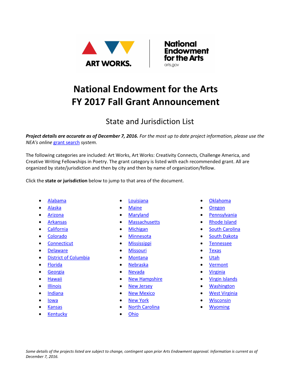 National Endowment for the Arts FY 2017 Fall Grant Announcement