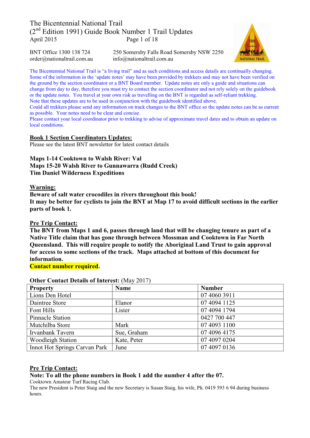 The Bicentennial National Trail (2Nd Edition 1991) Guide Book Number 1 Trail Updates April 2015 Page 1 of 18