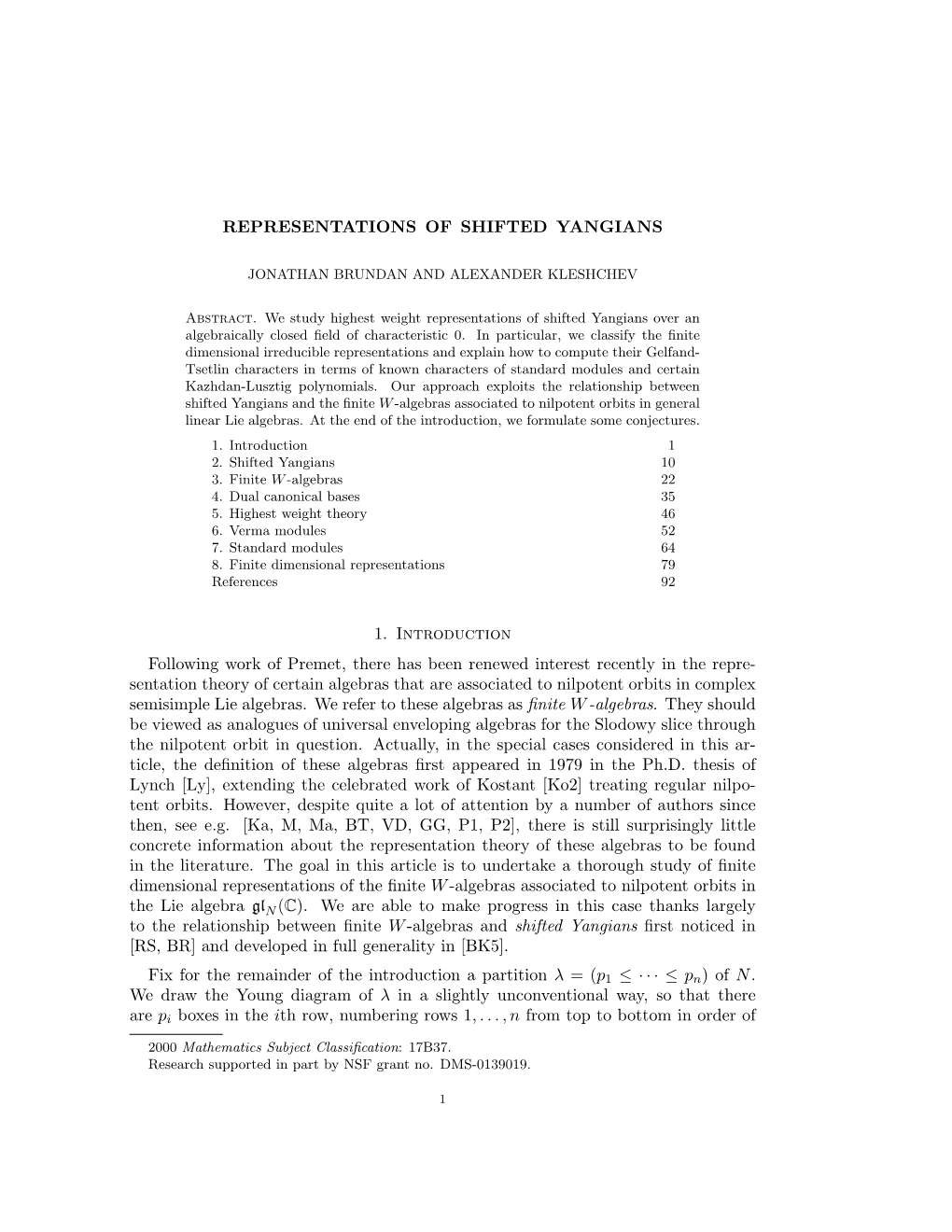 REPRESENTATIONS of SHIFTED YANGIANS 1. Introduction