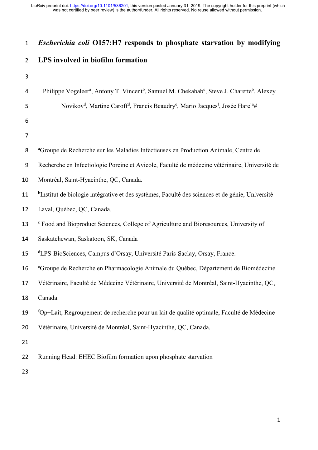 Escherichia Coli O157:H7 Responds to Phosphate Starvation by Modifying