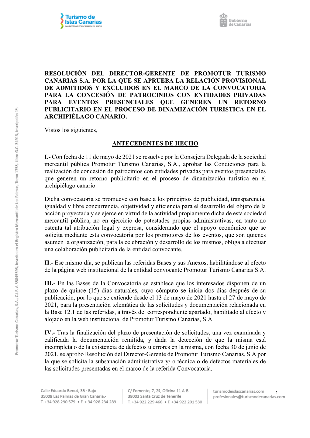 Resolución Del Director-Gerente De Promotur Turismo Canarias S.A