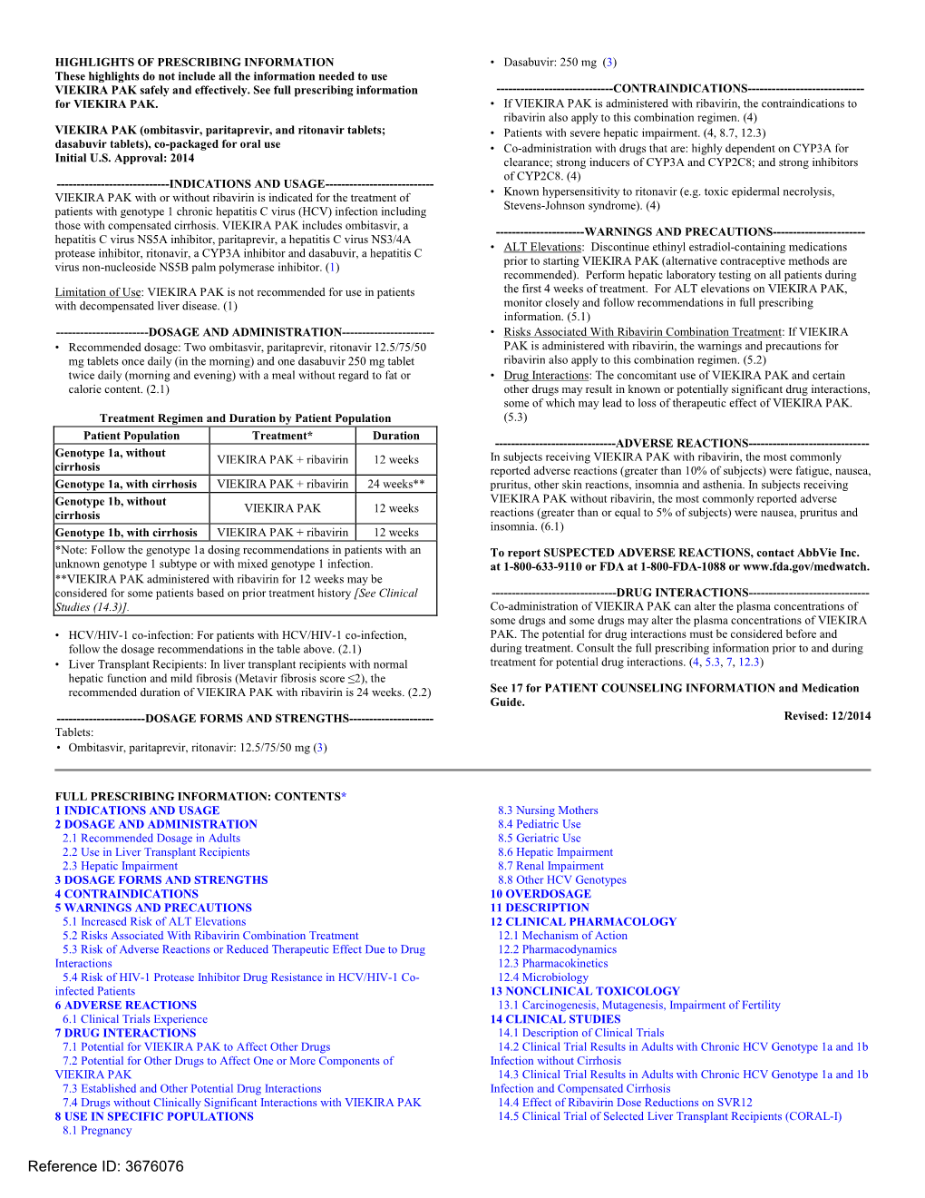 Viekira Pak (Ombitasvir, Paritaprevir and Ritonavir Tablets Co-Packaged