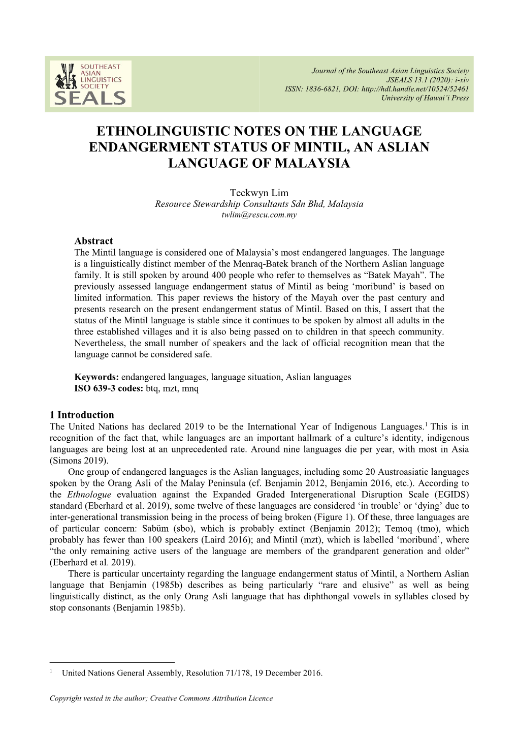 Ethnolinguistic Notes on the Language Endangerment Status of Mintil, an Aslian Language of Malaysia