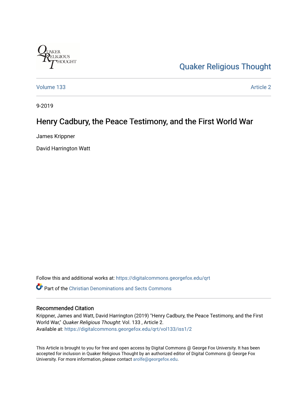 Henry Cadbury, the Peace Testimony, and the First World War