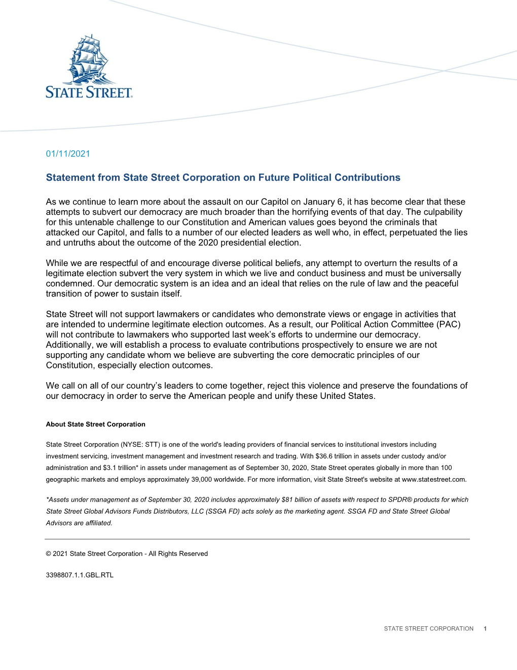 Statement from State Street Corporation on Future Political Contributions