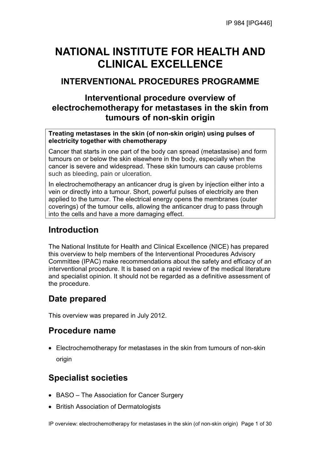 Electrochemotherapy for Metastases in the Skin (Of Non-Skin Origin) Page 1 of 30 IP 984 [IPG446]