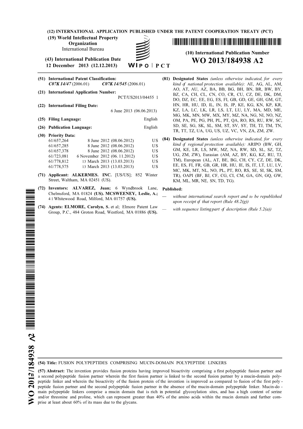 WO 2013/184938 A2 12 December 2013 (12.12.2013) P O P C T