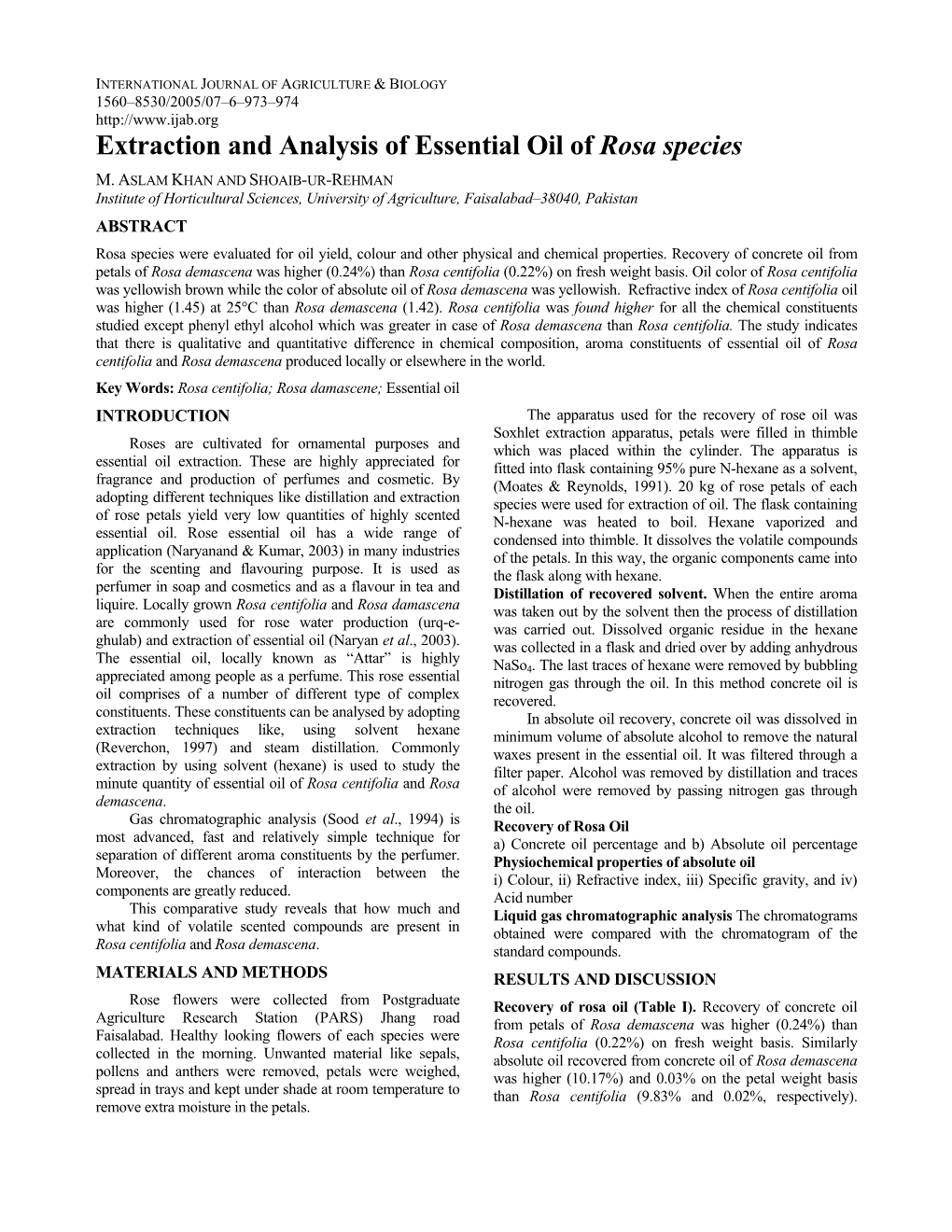 Extraction and Analysis of Essential Oil of Rosa Species